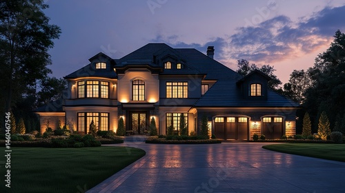 A sophisticated luxury house with a striking modern design, glowing against the dusky backdrop, surrounded by a perfectly manicured lawn that adds to its prestige 