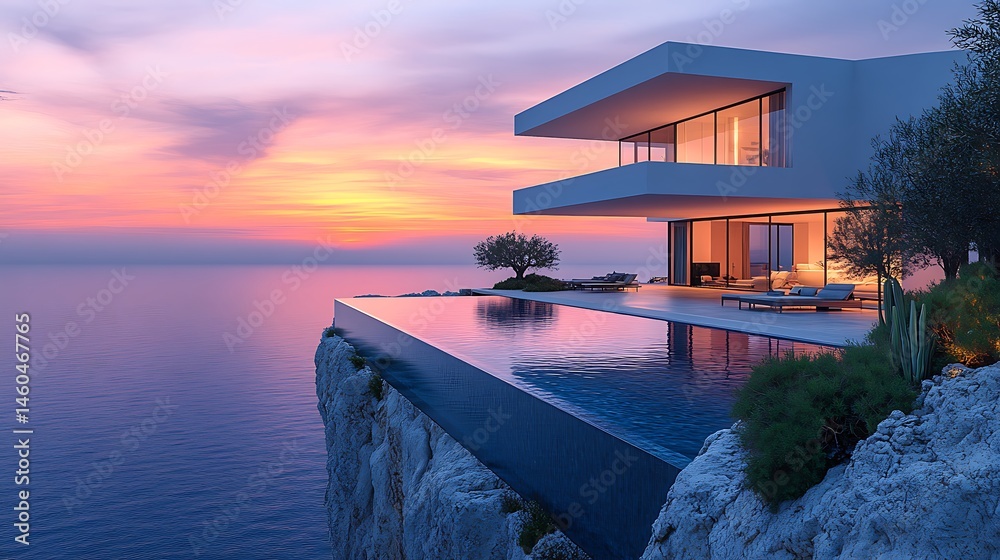 Fototapeta premium Modern Villa With Infinity Pool Overlooking Ocean At Sunset High Resolution Photo