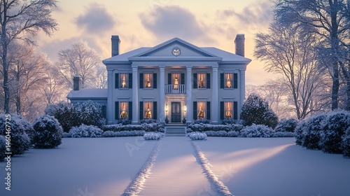 A stately colonial house with snow-covered side porches, its iconic columns and symmetrical windows standing out against the frosty winter backdrop, evoking timeless elegance 