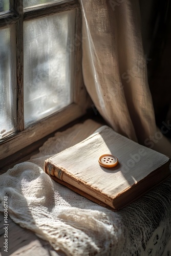 Retro buttons and old books in the sunshine
