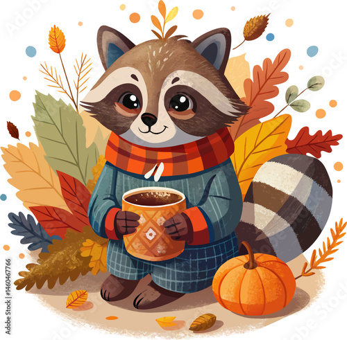 Cute raccoon in a sweater and scarf holds a warm drink amidst autumn leaves and a pumpkin.