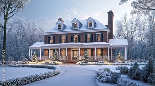 A stunning colonial house with side porches and shutters, its snow-covered roof and frosted landscaping creating a quintessential seasonal image of comfort and elegance