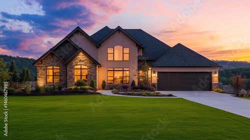 A stunning luxury house with clean architectural design, large windows emitting a warm glow, and a perfectly maintained lawn stretching in front, creating a tranquil dusk setting 