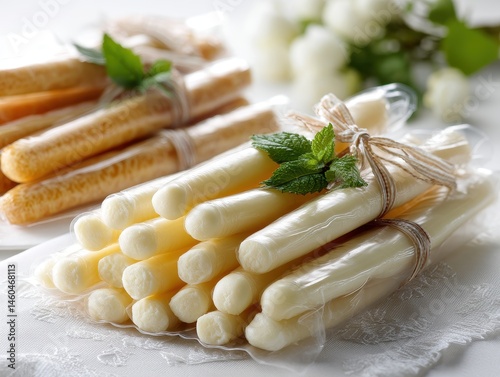 Freshly Packaged Cheese Sticks and Breadsticks with Mint Leaves on a Soft White Background Perfect for Culinary Styled Stock Photography