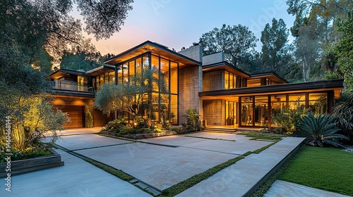 A stunning modern house with expansive windows and soft golden lighting, set against the fading light of dusk, blending architectural elegance with a warm and welcoming atmosphere 