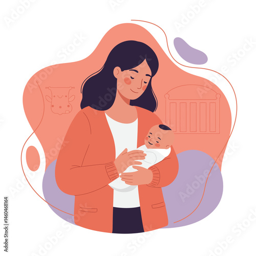Mother holding baby in warm orange and purple tones tender moment vector illustration 