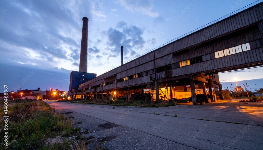 Fototapeta premium Abandoned Industrial Warehouse at Dusk with Smokestack in Background