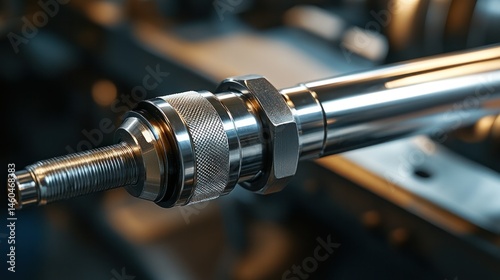 Close-up of a precision metal spindle with knurled surface and threaded end, used in industrial machinery and manufactu equipment