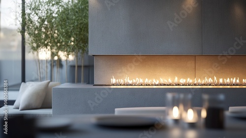A stylish concrete fireplace with clean lines, its warm glow casting soft shadows, creating a cozy focal point in a modern and inviting setting 