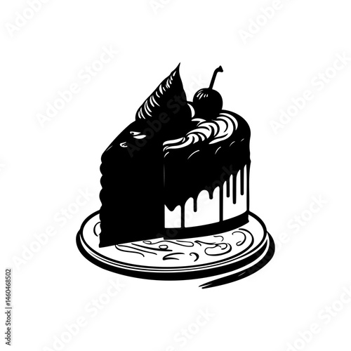 Elegant black and white depiction of a delectable chocolate cherry cake slice