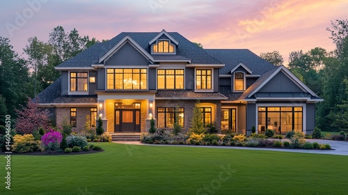 A stunning modern house with expansive windows and soft golden lighting, set against the fading light of dusk, blending architectural elegance with a warm and welcoming atmosphere 