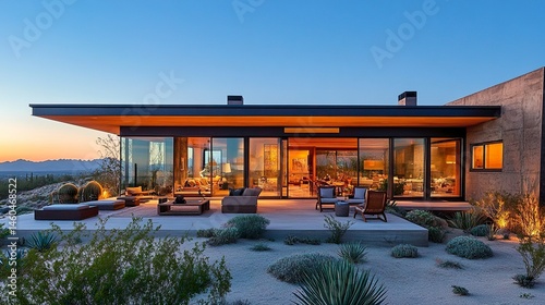 A stylish desert house with a flat roof and expansive windows, its shaded patio offering respite from the sun, with earthy tones blending seamlessly with the arid surroundings 