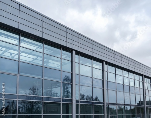 Modern Architectural Facade with Glass Panels and Cloudy Sky