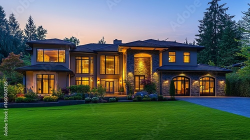 A stylish luxury home with a warm glow from interior lights shining through large windows, its sleek facade and lush lawn highlighted by the soft twilight sky 