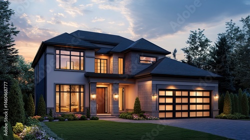 A stylish luxury home with a warm glow from interior lights shining through large windows, its sleek facade and lush lawn highlighted by the soft twilight sky 