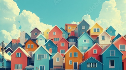 A surreal landscape of identical homes, their colors clashing and angles skewed, forming a disjointed and disorienting visual narrative that feels detached from normalcy 