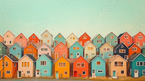 A surreal landscape of identical homes, their colors clashing and angles skewed, forming a disjointed and disorienting visual narrative that feels detached from normalcy 