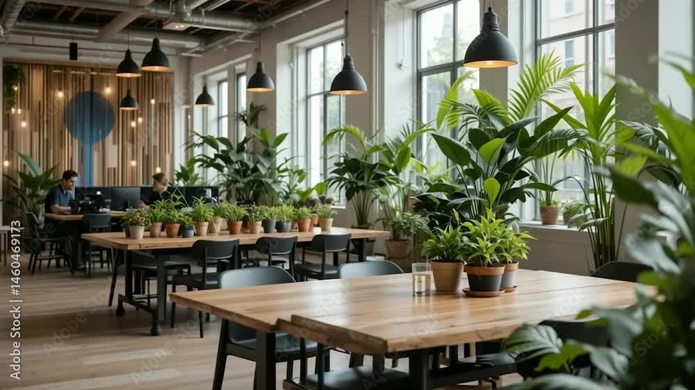 Modern dining interior space with greenery Modern dining interior space with greenery