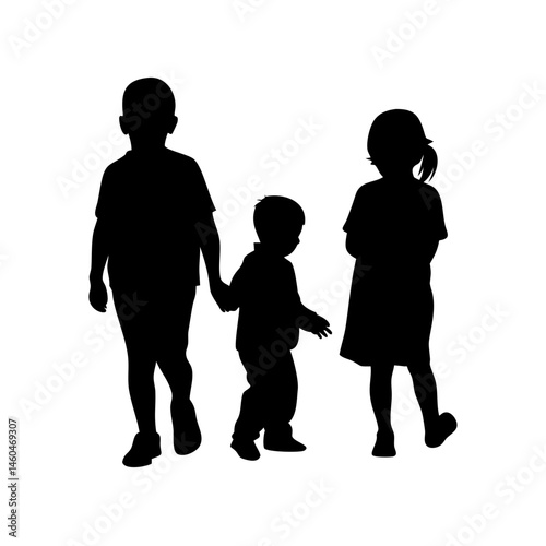 children black vector silhouette.Silhouette of Three Children Walking Together.A simple, elegant silhouette image of three children—a boy and two girls—walking in a row.children icon, children logo, 