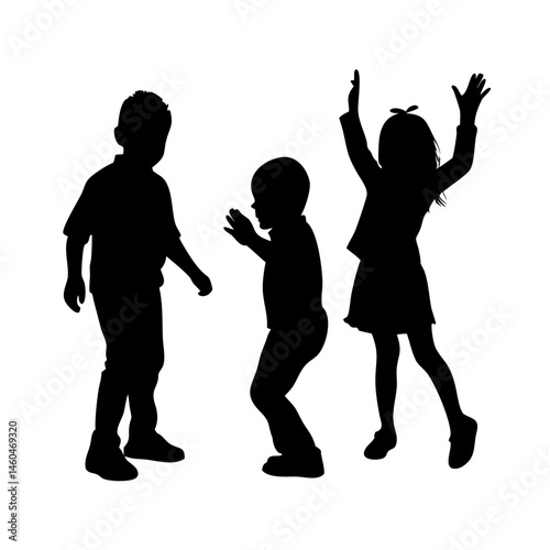 children black vector silhouette.Silhouette of Three Children Walking Together.A simple, elegant silhouette image of three children—a boy and two girls—walking in a row.children icon, children logo, 