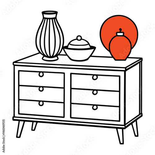 Close-up of a sideboard with oranges, bold red lamp, and ceramic vases against an orange wall