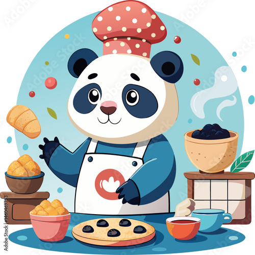 A cute cartoon panda wearing a chef's hat and apron prepares food, with various ingredients and dishes around.