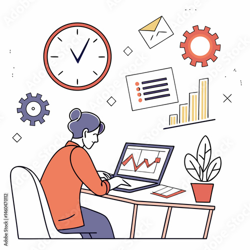 Businesswoman Working On Laptop With Growth Chart Illustration Flat Design
