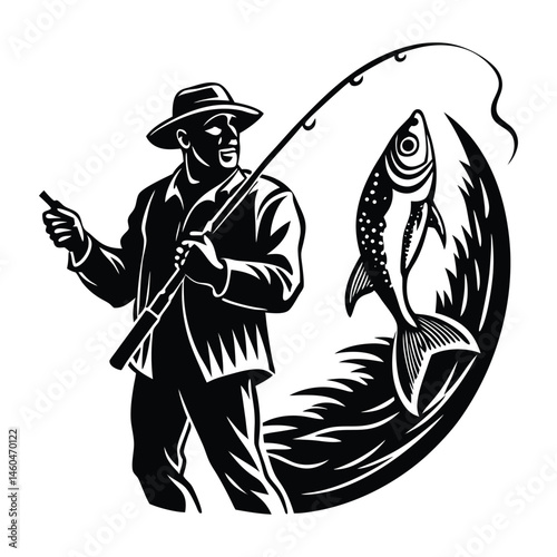 Fisherman with fishing rod in his hands caught a fish silhouette vector
