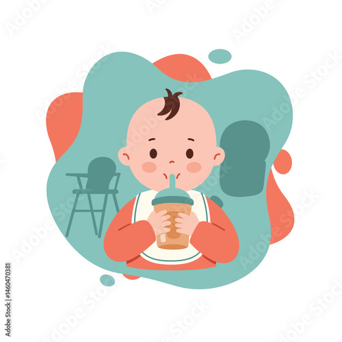 Baby drinking from bottle with bib and high chair in background vector illustration 
