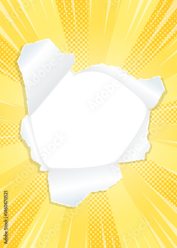 サンバーストと穴の空いた紙の背景素材、ハーフトーンのドット、集中線のエフェクト、フレーム、縦向き