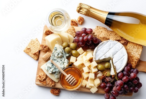 Gourmet Cheese Platter with Grapes, Honey, Crackers, Olive, and Sparkling Wine on a White Background for Elegant Dining Lifestyle or Catering Events