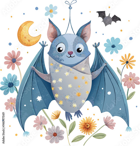 A cute, light blue bat with large ears and wings, adorned with small yellow stars, hangs upside down amidst colorful flowers and a crescent moon. Another smaller bat flies in the background.