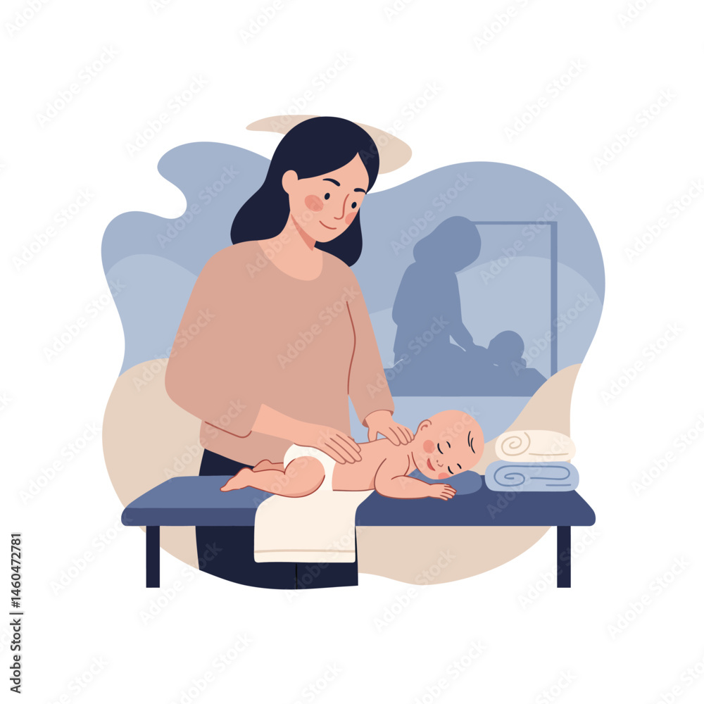 Obraz premium Woman giving baby massage on table with towels and soft background illustration vector