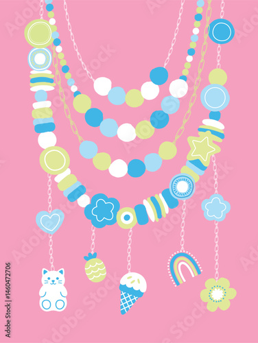 Pastel Pink Beaded Charm Necklace Hanging Charms Illustration