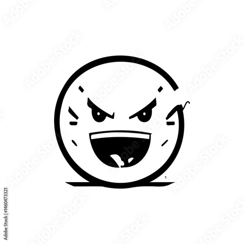 Aggressive cartoon circular face with sharp features in black and white design