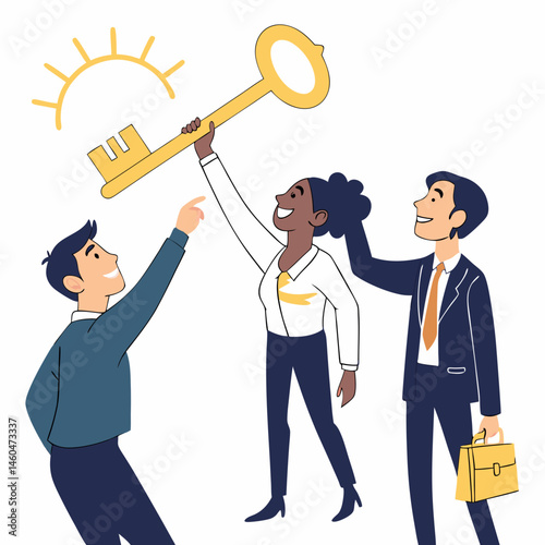 Teamwork Success Strategy With Business People Holding Up A Golden Key