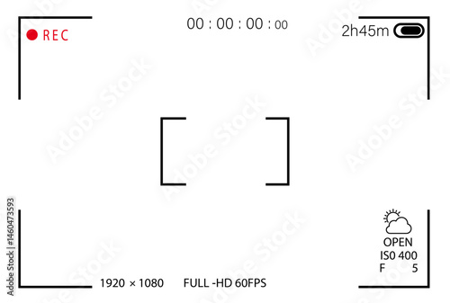 Video camera viewfinder overlay. 16:9 full hd format of frame with 60 fps template. Camera frame vector template. Black lines and text, rec icon with information and timing on transparent background.