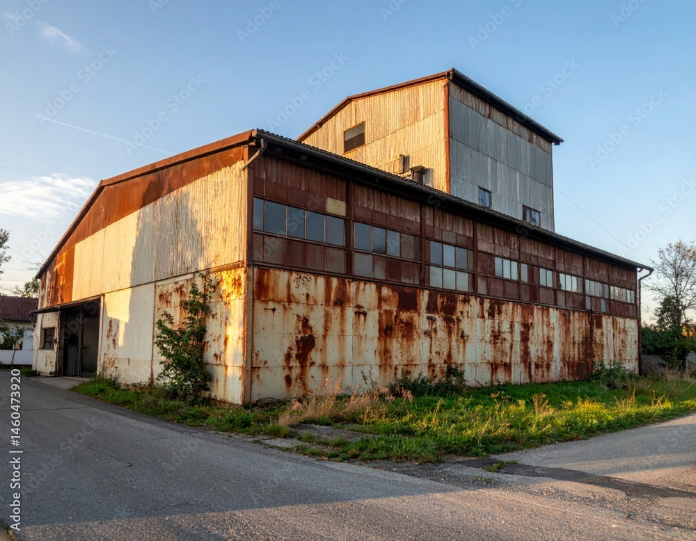 Abandoned Rusty Industrial Building with Weathered Facade and Sky Abandoned Rusty Industrial Building with Weathered Facade and Sky