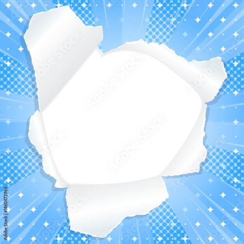 サンバーストと穴の空いた紙の背景素材、ハーフトーンのドット、キラキラのパターン、集中線、正方形サイズ、フレーム