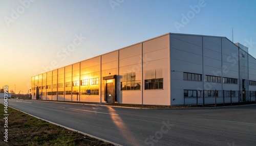 Modern Industrial Building with Sunset Reflection on Facade