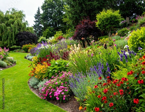Lush Garden Pathway with Colorful Flowers and Greenery in Spring