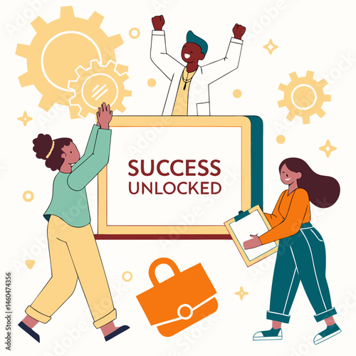 Teamwork Achievement Reached With Frame For Success Unlocked Flat Vector Illustration