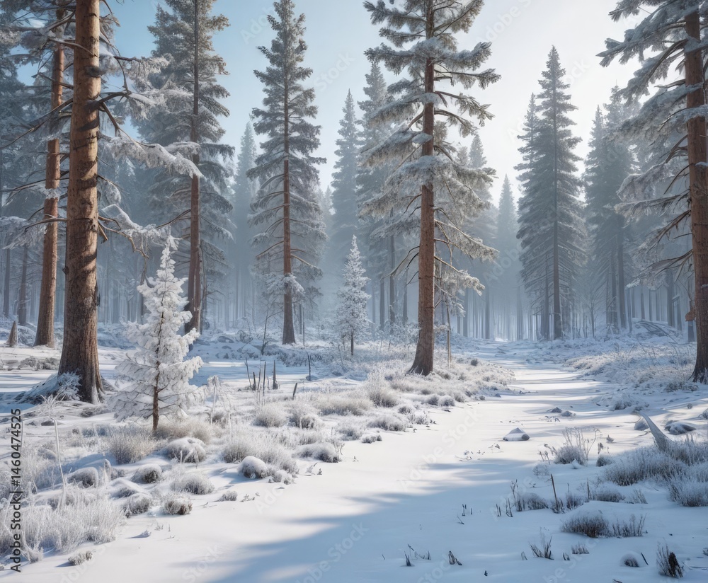 Fototapeta premium Icy landscape, frost-covered pines in snowy forest , background, needles, white landscape