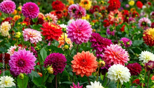 Vibrant Display of Colorful Dahlia Flowers in Blooming Garden