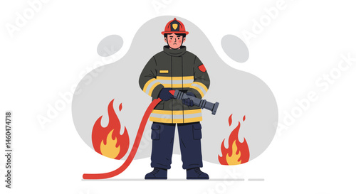 Firefighter in protective uniform holding hose fighting flames vector illustration 