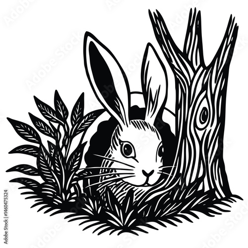 Cute Rabbit Peeking from Tree Hollow in Forest Illustration