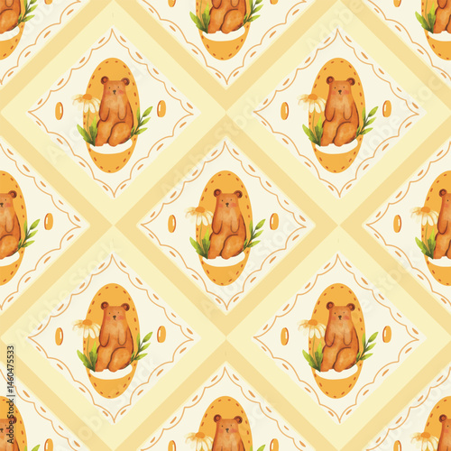 Hand drawn watercolor Bear Seamless Pattern,  Watercolor seamless pattern with cute bears. Hand drawn woodland  animals watercolor seamless pattern
