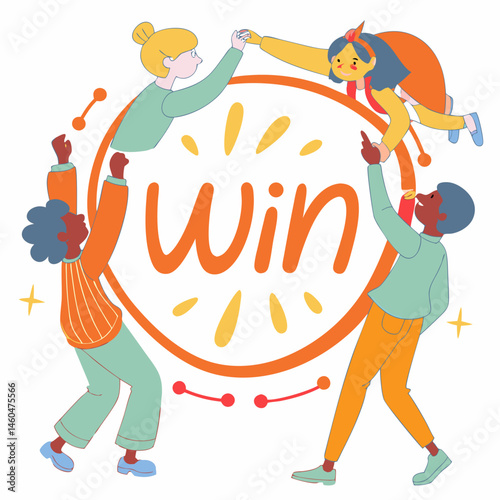 Diverse People Cheering For Success Around A Win Graphic Celebration