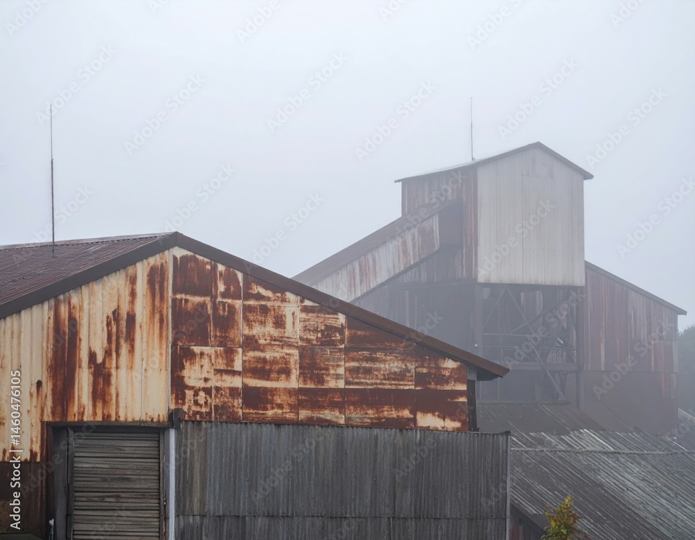 Obraz premium Rustic Barn in Foggy Landscape with Weathered Textures and Colors