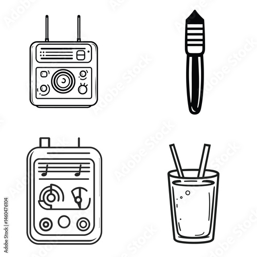 Four outlined electronic devices and a glass with straws on transparent background